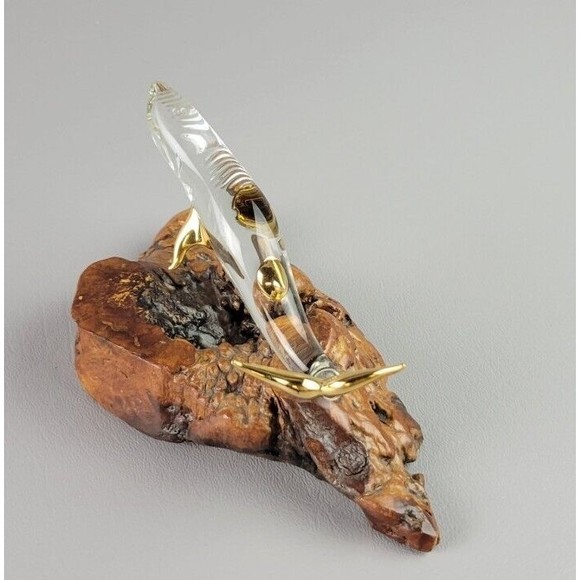 Glass Baron Handcrafted Humpback Whale Wood Mounted Base Gold Trim - Picture 4 of 11